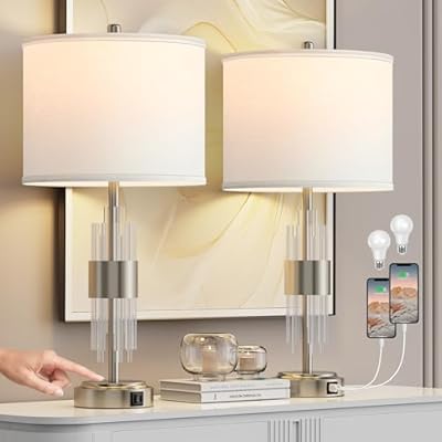 QiMH Table Lamp for Living Room,Bedside Lamp for Bedrooms Set of 2 with USB A+C Ports,3-Way Dimmable Touch Control,Modern Nightstand Lamp White Lampshade Home Decor, LED Bulb Included, Brushed Silver