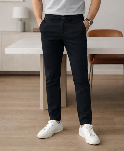 Image of DENRO Men's Slim Fit Cotton Stretch Trousers | Smart Casual & Workwear Pants for Office Use | 98% Cotton 2% Spandex Fabric | Mid-Rise Tailored Fit | Sizes 28-38
