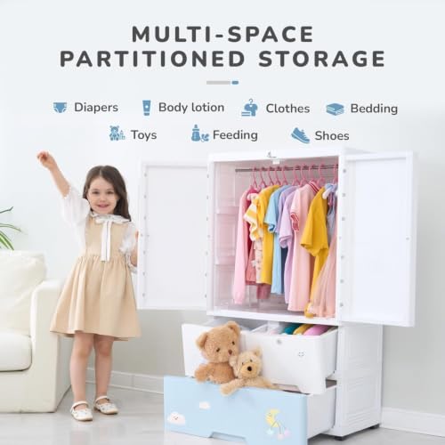 Image of Kids Plastic Collapsible Wardrobe Organizer for Storage with Drawers | Cute Cartoon Design | Heavy Duty Runner Rug Floor Mat Carpets Organizer Bedroom, Living Room (Sj-Bear, 1+3-Door)