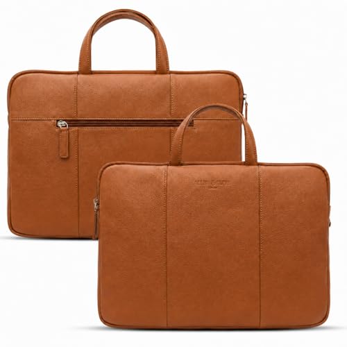 Image of ALLEN & MATE 100% Leather Laptop Case 13 Inch Laptop Sleeve fits MacBook Neo /Air /Pro 13 Inch with M5 /M4 /M3 /M2 /M1, Dell, HP, Lenovo, Chromebook 11-13 inch Computer Bag Zip Pocket - Tan