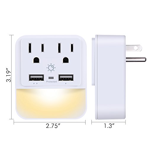 USB Wall Charger, Outlet Adapter, POWRUI 2-Pack Surge Protector(1080 Joules) with Dual USB Charger Ports(2.4A Total), Dual Outlet Extender and Dusk-to-Dawn Sensor Night Light, White, ETL Certified