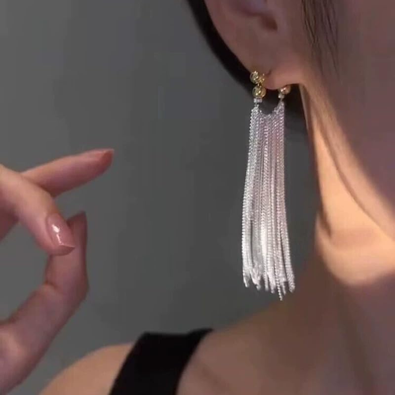 Silver Long Chandelier Earrings for Women Dangling Silver Dangle Tassel Fringe Statement Hanging Earring Elegant Formal Prom Jewelry - Image 5