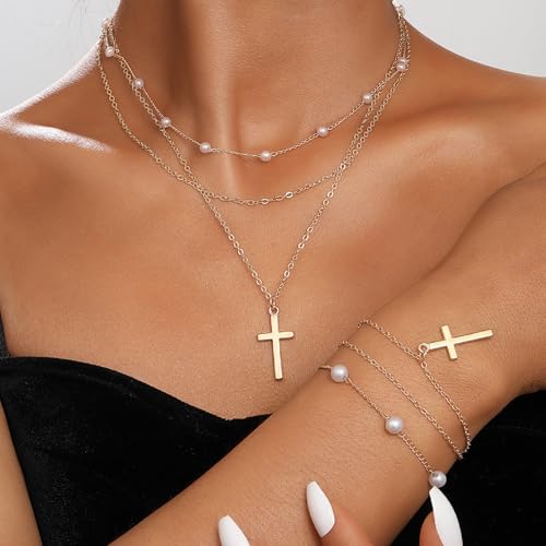Modernplus Gold Layered Pearl Necklaces For Women, Dainty Pearl Cross Necklace Pearl Choker Chain Jewelry For Women thumb #6