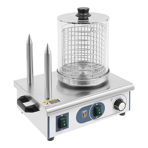 Donened - Hot Dog Maker, Bockwurstwärmer, 3 Heizspieße, Temperaturregler 0～85℃, Edelstahlkäfig: Ø 16 cm, Edelstahlgehäuse, Profi Würstchenkocher, Silber