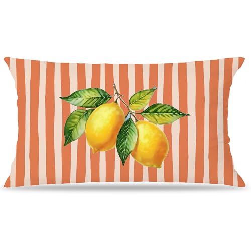 Image of Terracotta and Yellow Summer Italian Mediterranean Amalfi Coast Lemon Pillow Cover Decor 12x20,Italian Striped Decorative Throw Pillow Cover Decor for Couch Double-Sided
