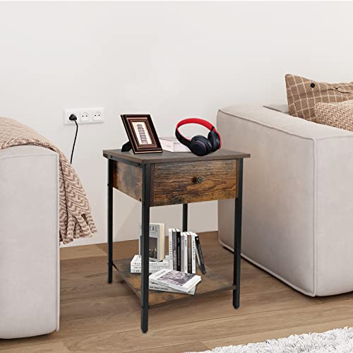 Ecomex End Tables Side Table With Drawer And Storage Shelf For Living Room,Bedroom,Industrial Side Tables,Wooden Look With Metal Frame #TOP1