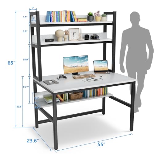 Aquzee-Computer-Desk-Easy-Assembly-Gaming-Table-with-Hutch-and-Shelves-4-Tiers-Desk-with-Large-Wood-Desktop-Metal-Legs-Ideal-for-Storage-Study-Work-Writing-Homework-White-55Wx65Hx236D-Inches