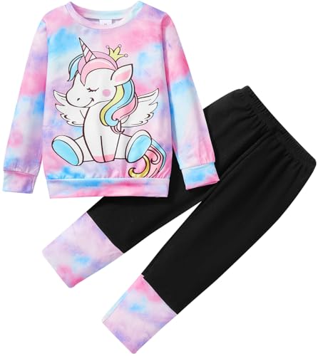 Image of Little Girls 2 Piece Outfits Ruffle Sleeve Unicorn Sweatshirts Top and Leggings Set School Outfits Kids Clothing Set