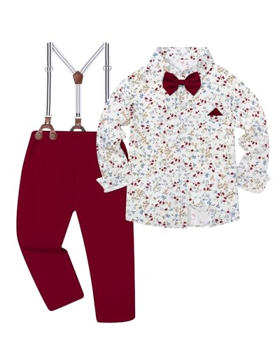 Image of DISAUR Boys Dress Clothes Wedding Ring Bearer Outfit Boy Formal Suits Dress Shirt with Bow Tie +Suspender Pants Set