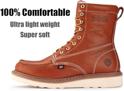 SUREWAY Mens 8 in Wedge Moc Soft/Steel Toe Work Boots for Men,Full-Grain Leather,Goodyear Welt,EH,Safety Industrial Construction Boots/Shoes for Women,Soft Toe Light BROWN,Size 112
