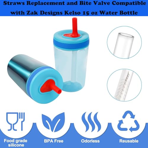 4PCS Straws Replacement and Bite Valve Compatible with Zak Designs Kelso 15 oz Water Bottle Silicone Replacement Bite Valve Reusable Straw with Cleaning Brush