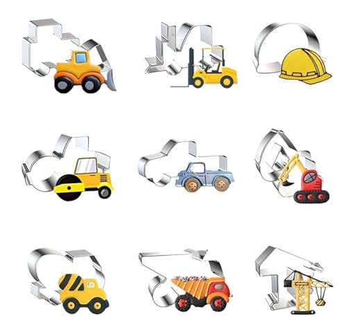 ZDYWY Construction Cookie Cutters 9 Piece Set - Bulldozer Forklift Safety Hard Hat Roller Pickup Excavator Mixer Truck Dump Truck Crane - c by ZDYWY - Used condition - US$11.36
