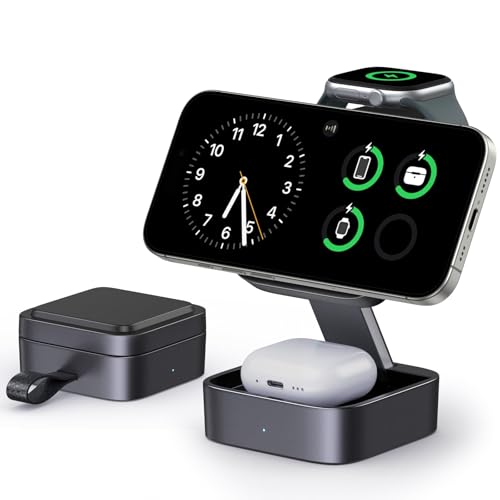 Keepro 3 in 1 Wireless Charging Station for iPhone Magnetic Portable MagSafe Wireless Charger Stand for iPhone Air/17/16/15/14/13/12 AirPods Pro 3/2 Apple Watch (Adapter Included)-Black