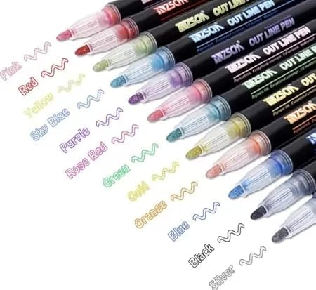 Image of INK SPOT Outline Metallic Marker Pen Set Pack of 12 Double Line Glitter Outline Pens for Art Craft Drawing Calligraphy Scrapbook Greeting DIY Projects Multicolor