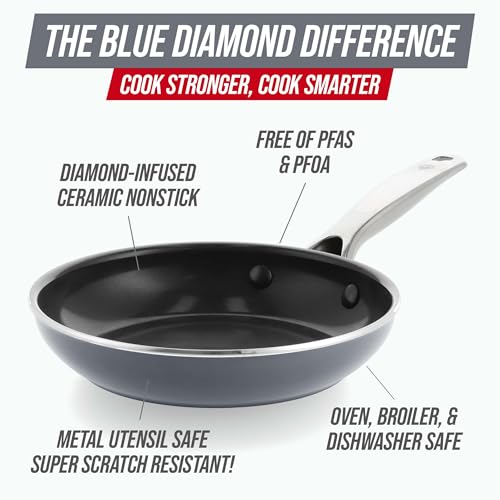 Image of Blue Diamond 8 inch Nonstick Frying Pan Skillet, Ceramic Diamond Infused PFAS-Free, Dishwasher & Oven Safe, Stay Cool Handle, Durable Non Toxic Metal Utensil Safe, Egg & Omelet Pan, Gray