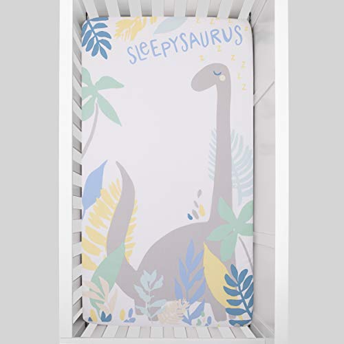 Image of NoJo Sleepysaurus Blue, Yellow, Grey & White Dino Leaf 100% Cotton Photo Op Fitted Crib Sheet, Blue, Grey, Yellow, White