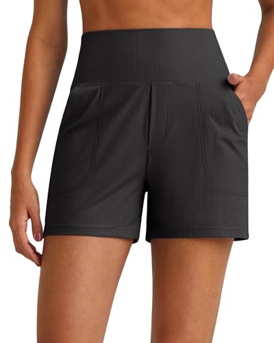 G4Free Comfy Ribbed Womens Shorts Dressy Casual High Waisted Athletic Lounge Trouser Shorts with Side Pockets