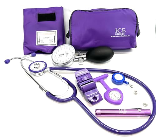 Aneroid Blood Pressure Sphygmomanometer Monitor, Stethoscope, Pen Light (Pen Torch), Tourniquet, Nurse Watch, Lanyard ID Card Holder - Starter Set (Purple with Heart Watch)