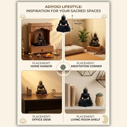 Image of Adiyogi Shiva Statue Idol for Home Mandir & Meditation Decor | Polyresin Matte Black Mahadev Murti for Puja Room, Office Desk & Living Room Shelf | 4 Inch