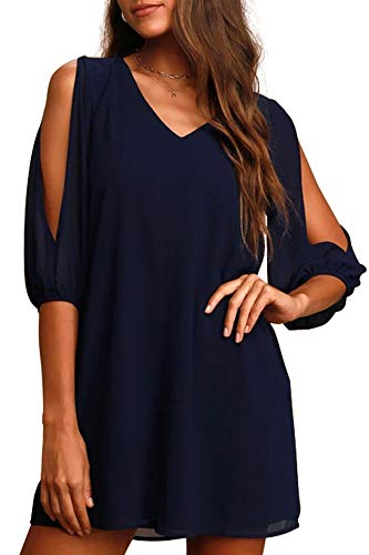 Jusfitsu Ladies Chiffon Dress Shift Cold Shoulder Dresses Loose Fitting Short V Neck Party Dress Navy L