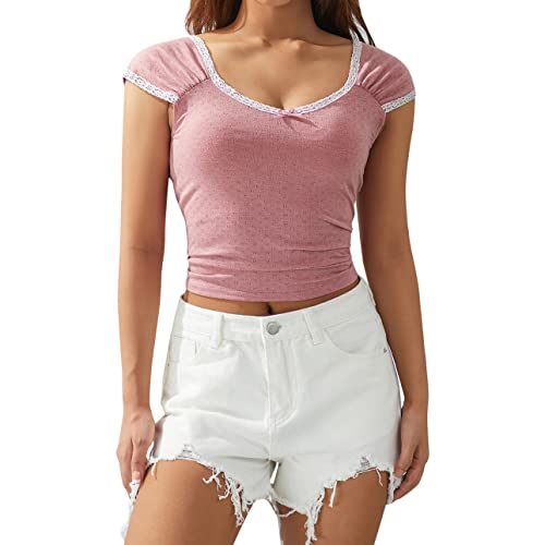 Pabuyafa Camiseta de manga corta con cuello cuadrado y costuras de encaje para mujer, Rosa y morado., S Cover
