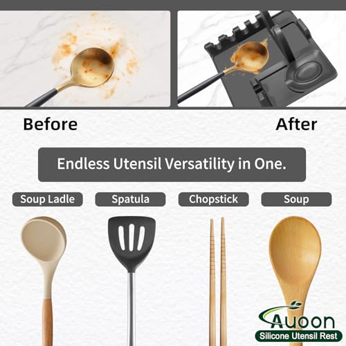 Image of Auoon Silicone Spoon Rest with Lid Holder - 3 in 1 Kitchen Utensil Rest for Soup Ladles, Pot Lids, Spatulas, Spoons, Tongs, BPA Free & Dishwasher Safe, 8.26 x 8.06 Inch (Gray, Large)