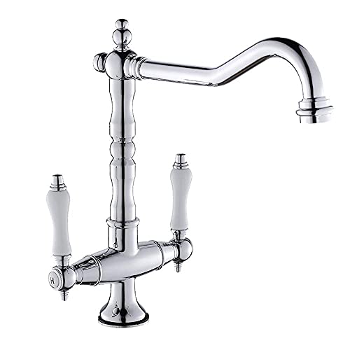 Grifo Mezclador para Fregadero de Cocina clásico de latón y Bronce Antiguo con Doble manija