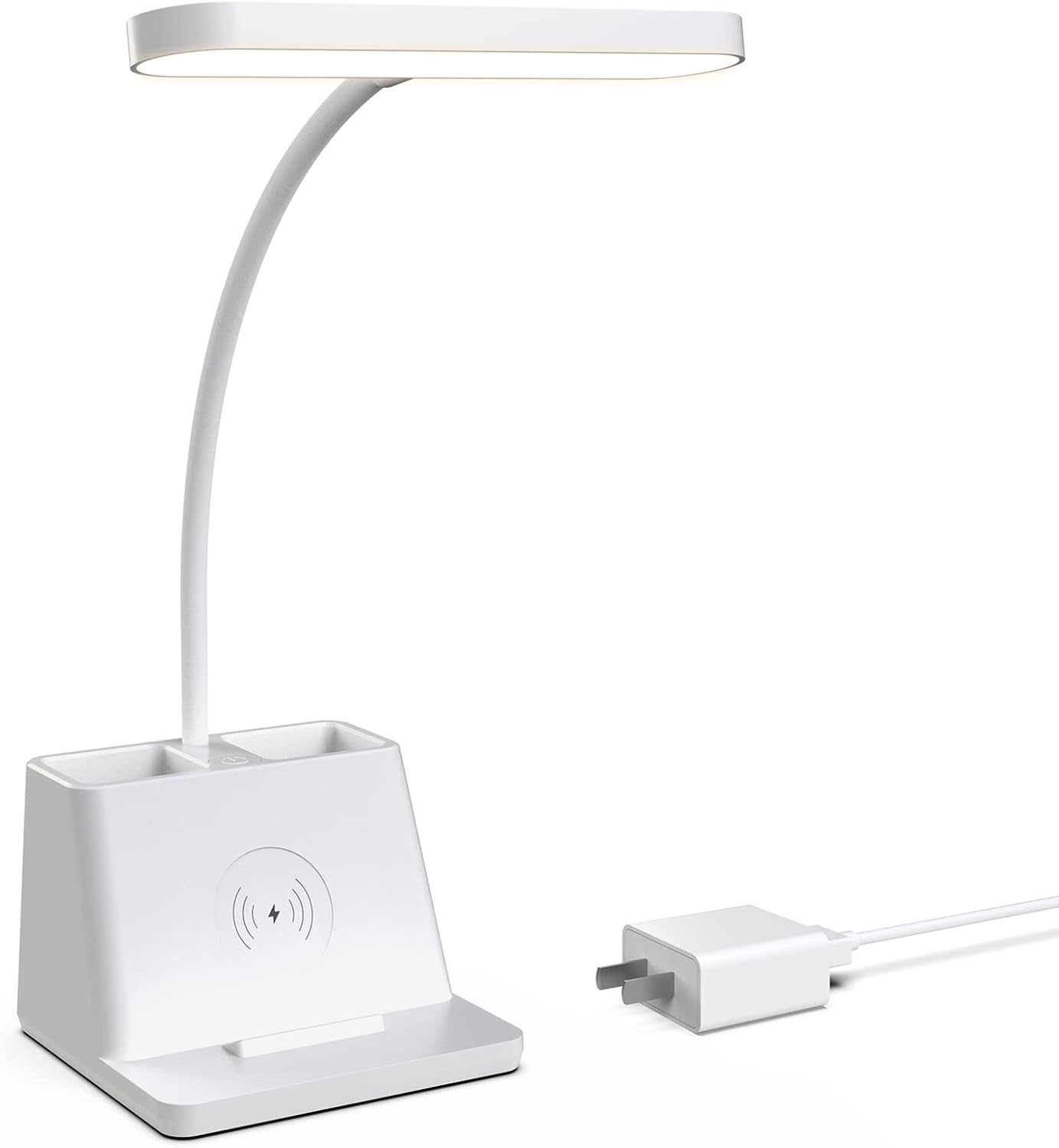 Tapwak Small Desk Lamp with Wireless Charger, White Gooseneck Desktop Lamp, Study Lamps for Bedrooms/Small Spaces Desk Lights for Home Office with Pen Holder, Cute Desk Lamp for College Dorm Room