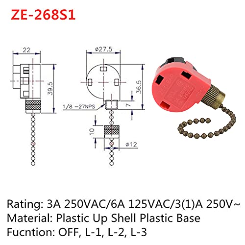 Ze-268S1 Ceiling Fan Switch Zing Ear 3 Speed 4 Wire Pull Chain Switch Control Replacement 3 Speed Control Switch Ceiling Fans, Wall Lamps, Cabinet Light, Antique 2Pcs #TOP1