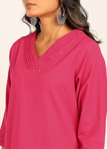 Image of BLOCKS OF INDIA Women's Solid Straight Kurta Set | Hand-Stitched Neck Details with Pintucks | Comfortable Pants with Pockets, Elastic Waist & Drawstring Fit