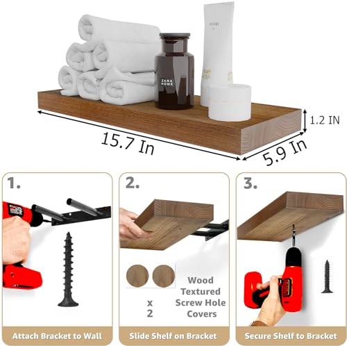 Image of IAE Walnut Floating Wall Shelves 16 inch, Bathroom Shelves Wall Mounted,Invisible Shelf Floating Kitchen Shelves,Wooden Wall Shelving with Brackets for Living Room Wall Mounted,Easy Install,Set of 2