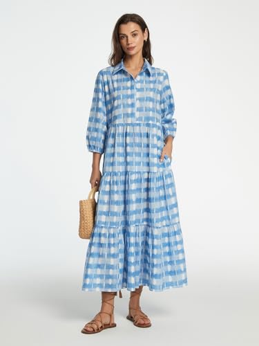 D-Sun Women Long Sleeve Maxi Dress V Neck Button Down Flowy Tiered Ruffle Shirt Dress Casual Fall Long Dresses4