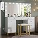 DWVO White Vanity Desk with Large Mirror, Charging Station and LED Lights - Makeup Table Set with 14 Bulbs, Magnifying Glass Drawers and 3 Light Modes, Upgraded