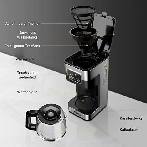 Foto von MEROUS Filterkaffeemaschine, programmierbare Kaffeemaschine mit Karaffe, LED-Touchscreen, 1,25 L, bis zu 12 Tassen, Edelstahl, Silber