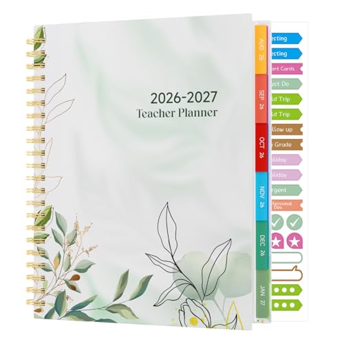 Sailingvan Teacher Planner 2026-2027 August 2026 - July 2027 7 Periods Academic Diary Teachers Lesson Planner Book with Stickers 8.5 x 11 Wirebound Laminated Tabs Pocket - Leaf