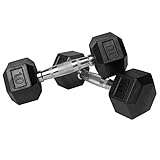 XMark Premium Quality Rubber Coated Hex Dumbbells with Chrome Contoured Handles - 10 lb pair