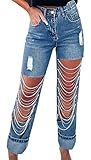 Hotheart Womens Sexy Ripped Distressed Destroyed Rhinestones Chain Party Clubwear Denim Pants Jeans Navy Blue