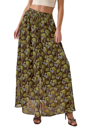 PRETTYGARDEN 2026 Summer Maxi Long Skirts for Women Trendy Boho Floral High Waisted Slit Flowy Travel Beach Vacation Clothes (Floral Brown Light Green,XX-Large) — view 2