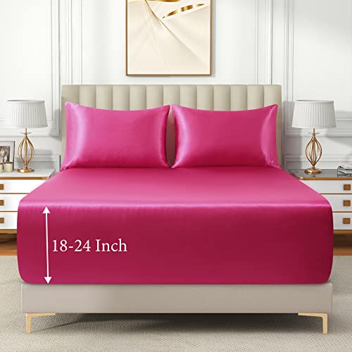 Vacvelt 3Pcs Extra Deep Pocket Satin Fitted Sheet Set Queen Bed Set, Hot Pink Bottom Sheet Fit 18-24 Inch Deep Pocket Mattress, Silky Bedding Set Soft & Ultra Deep Fitted Sheet & 2 Pillowcase #TOP1