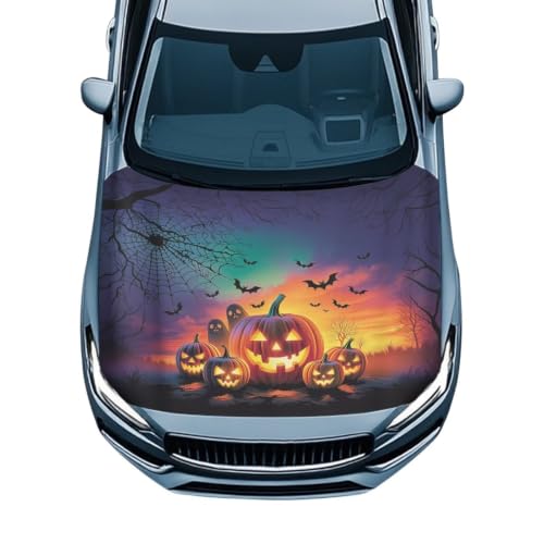 Image of Pumpkin Ghost Halloween Print Car Hood Cover Protector 59x39 Inch Stretchable Auto Hood Wraps Waterproof Halloween Automotive Exterior Accessories for Most SUV Sedans Trucks