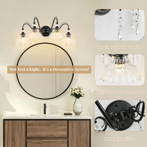 Image of Black Bathroom Vanity Light, 4-Light Matte Black Finish Farmhouse Wall Sconce with Hanging Crystal Accents and Flower-Shaped Clear Glass Shades, Retro Wall Mount Vanity Light Over Mirror for Bathroom