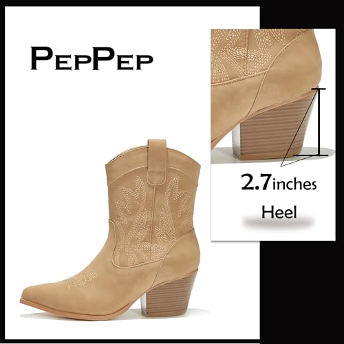 Image of PEPPEP Western Cowgirl Cowboy Ankle Boots for Women or Ladies, Mid Calf, Vegan Leather Embroidered Upper, Low Heel, Fashionable Pointed-toe, Well Made