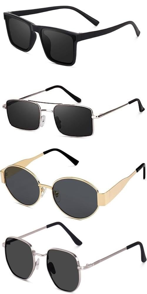 Sheomy Unisex combo offer pack of 4 shades Unisex Fashion Sunglasses Set, 4 Pairs, Metal Frame, Black and Silver TH-174 - Review, Price and Buying Guide