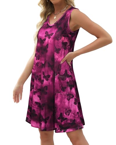 Image of elescat Womens Summer Dresses Casual V Neck Sleeveless Pockets Beach Loose Tank Sundress 2026