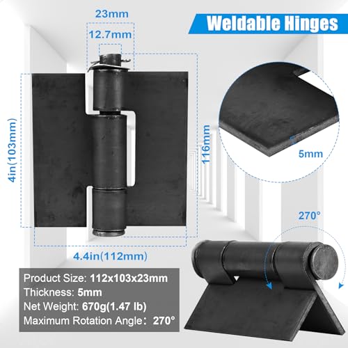 Weld On Hinges Extra Heavy Duty 4.4\" x 4\" Weldable Metal Butterfly Hinges Solid Steel Welding Butt Hinge Thickness 5mm for Heavy Metal Farm Garage Trailer Gates & Doors - 2 Pcs