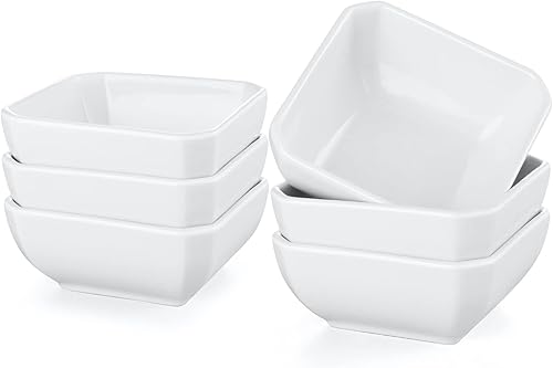 Yedio Juego de 6 cuencos cuadrados de 3 onzas, platos de salsa de cerámica blanca para soja, salsa de tomate, aperitivos, guarniciones, aperitivos y