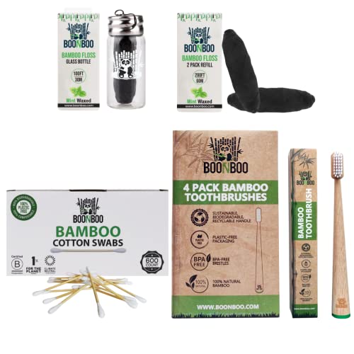 Boonboo Bamboo Charcoal Dental Floss + 2Pcs Refill + 600Ct Cotton Swabs + Toothbrushes #TOP6
