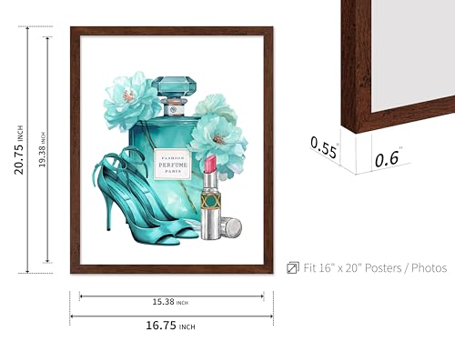 Image of Poster Master Turquoise Blue Designer Print - Fashion Poster - Shoes, Lipstick & Perfume Art - Chic Gift for Women & Fashionista - Glam Decor for Bedroom or Girl's Room - 16x20 Brown Framed