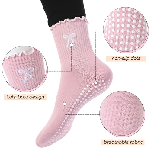 Jeyiour 4 Pairs Cute Pilates Grip Socks for Women, Ruffle Non Slip Crew Grippy Yoga Socks with Bow for Gym Ballet Barefoot2