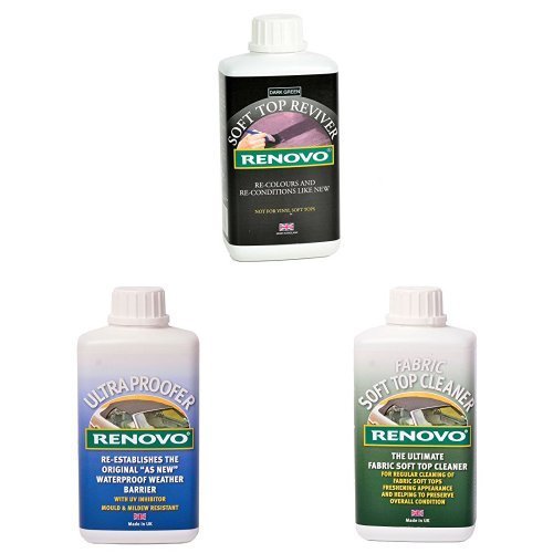 Renovo Bundle includes Soft Top Reviver 500 ml, Soft Top Ultra Proofer 500 ml and Soft Top Canvas Cleaner 500, Green